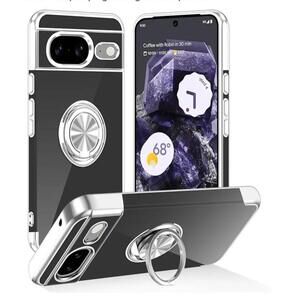 Pixel 8 Silver Ring Kickstand Magnetic TPU Bumper Case for Smartphone